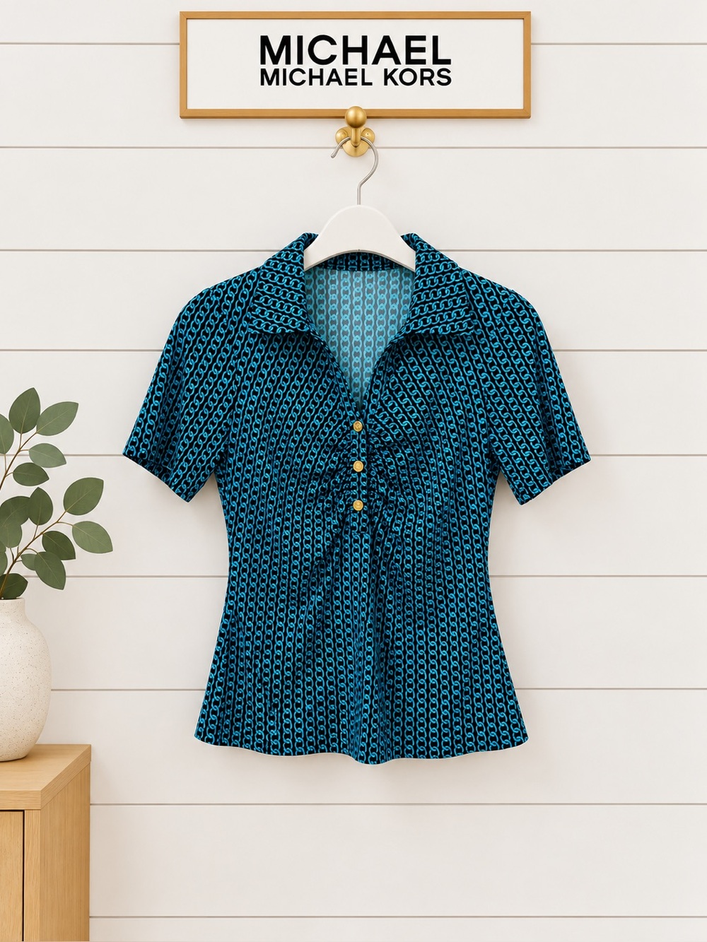 MICHAEL MICHAEL KORS Teal & Black Chain Print Top Size XS